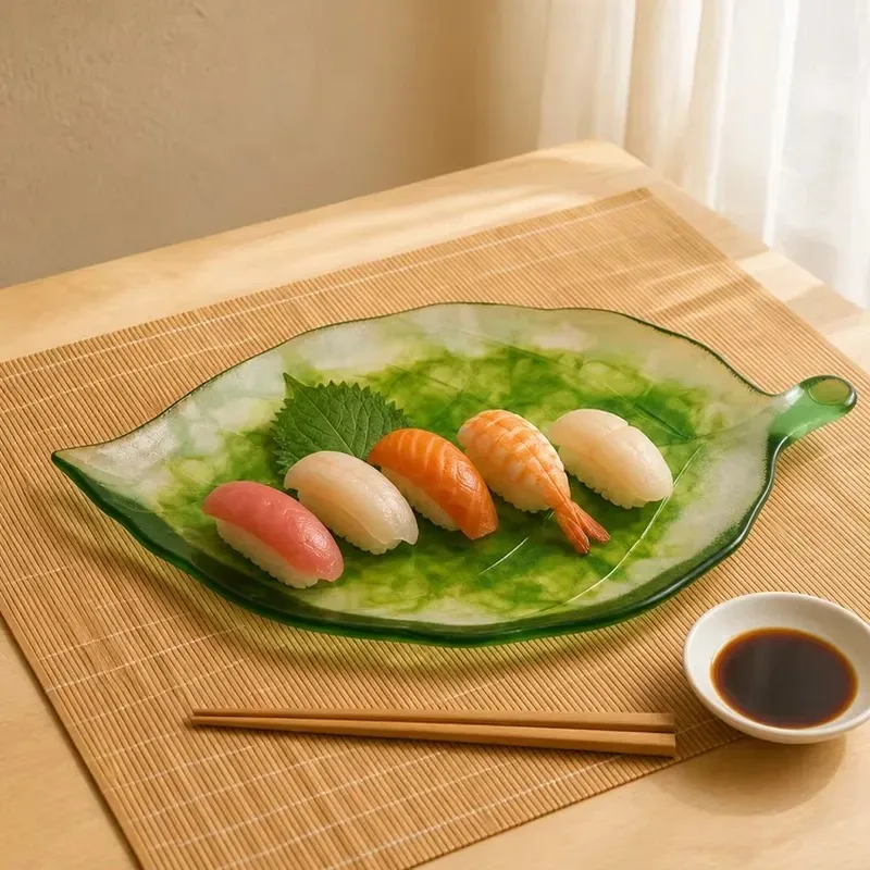 Color glazed leaf plate tableware dessert plate sushi plate platter glass tray handmade home decoration