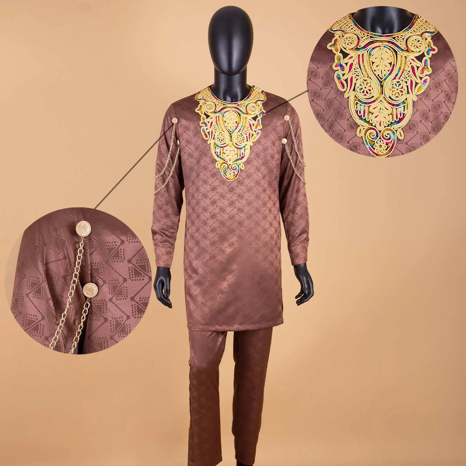 African Jacquard Men's Two-Piece ,Solid Colour Embroidered Printed Shirt And Trousers High End Custom Quality Cotton A2216032