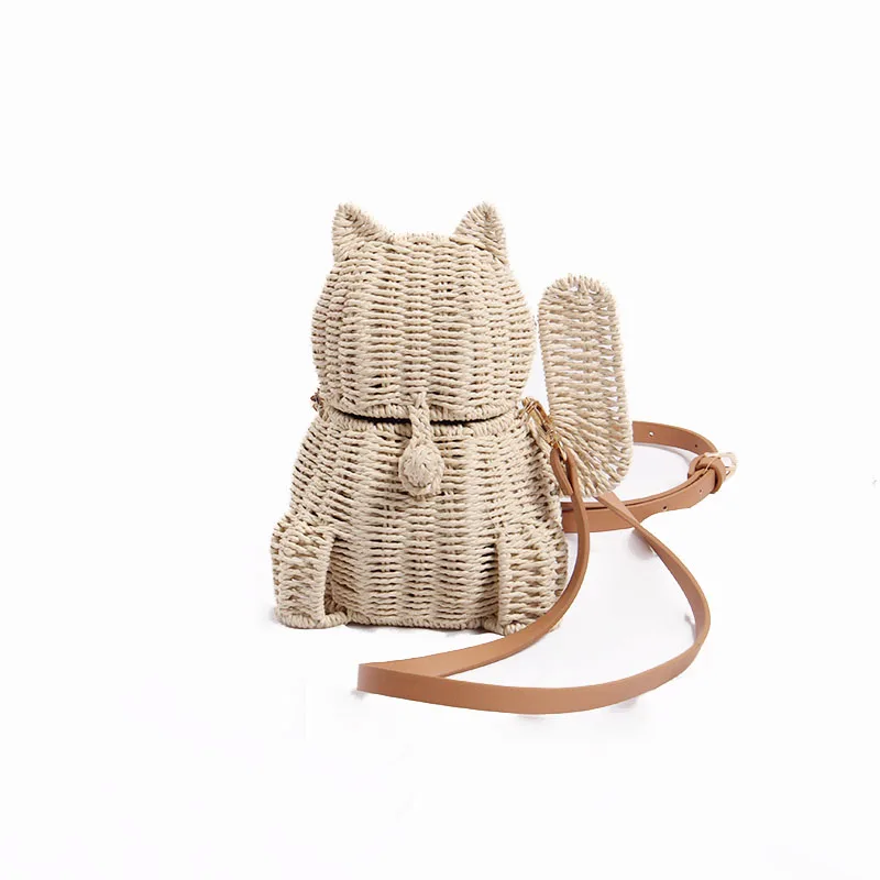 

New Fashion Woven Hollowed Out Lucky Cat Shaped Design For Women's Bag Summer Beach Vacation Single Shoulder Crossbody Bag Trend