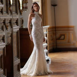 OIMG Elegant Ivory Mermaid Wedding Dress Sleeveless Satin Backless Bride Dresses Lace Floor Length Wedding Gowns Customized