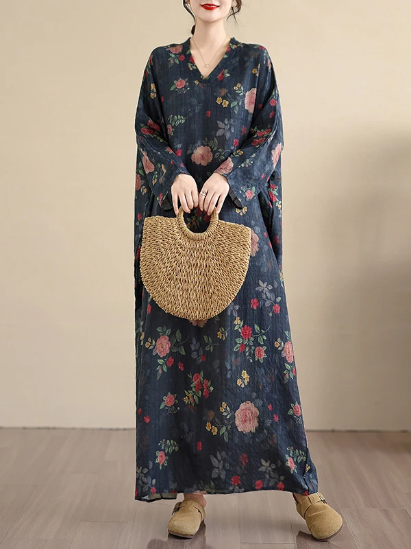 V-Ne الأزهار طباعة الصيف الدكتور المرأة الرجعية اللحوم إخفاء السفر Sle الكورية فضفاضة تناسب ألف خط ميدي الدكتور للخريف