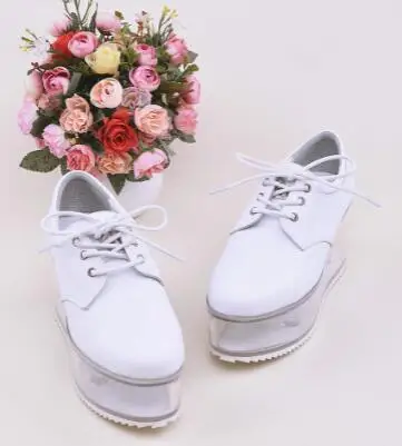 

Fashion Girls White Black Solid Leather Round Toe Transparent Thick Sole Wedges Low Top Lace Up Front Sneakers Leisure Shoes