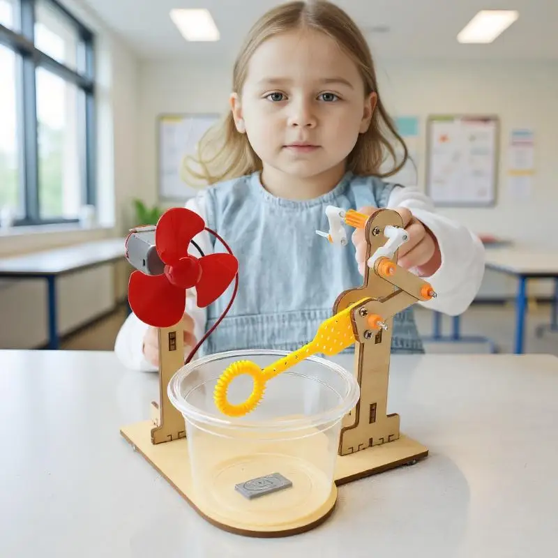 Set di apprendimento per macchine per bolle a manovella fai-da-te in legno coinvolgente per attività scientifiche per bambini.