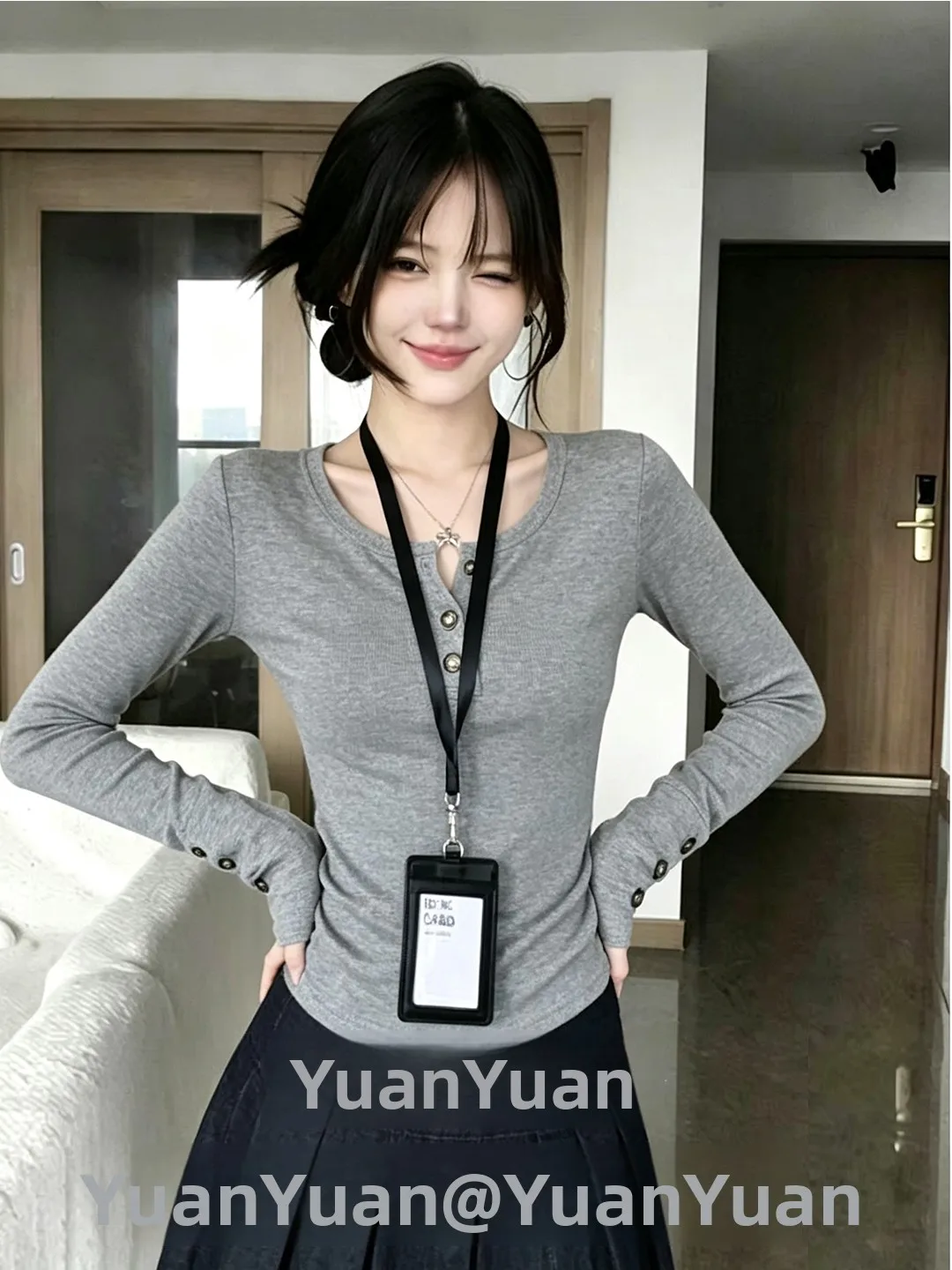 Slim Fit Long Sleeve V Neck Button up Base Shirt Women's T Shirt Gentle Style Autumn New Arrival Soft First Love Personality