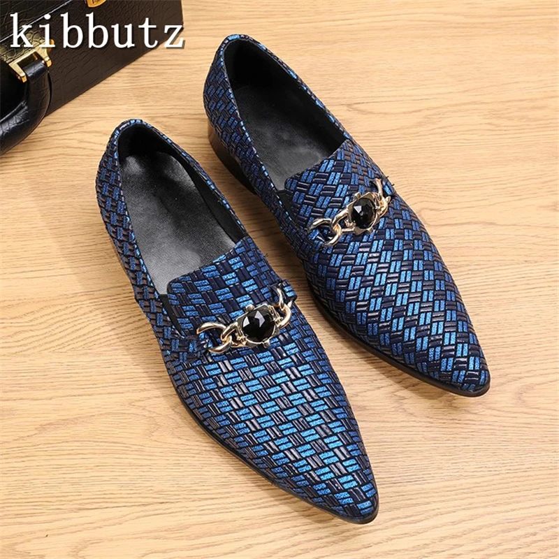 

Weave Pattern Men Leather Shoes Luxury Design Pointed Toe Gem Buckle Slip On Loafers Male Party Business Dress Shoes