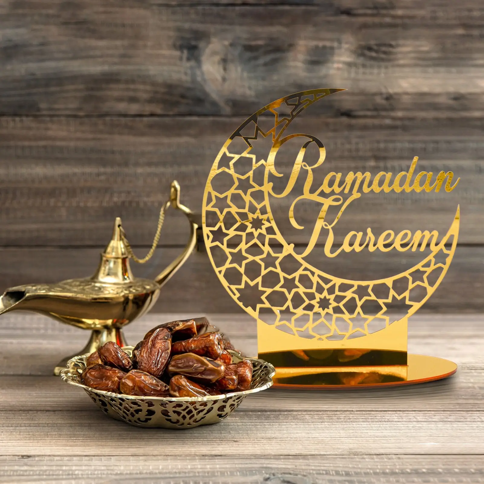 Ramadan Tabletop Decorations Golden Eid Mubarak Moon Ornaments For Muslim Festival Islamic Decorative Crafts Acrylic Home Decor