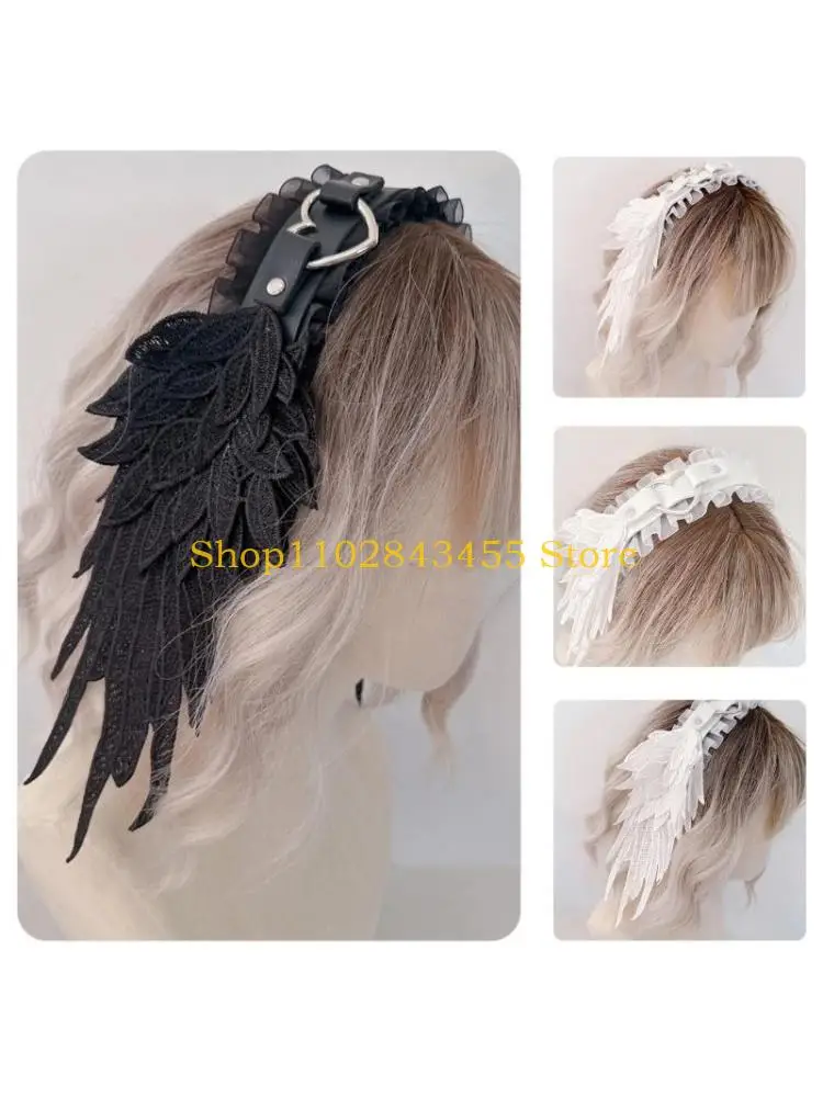 

49MC Angel Wing Heart Buckle Belt Hairhoop for Roleplay Cosplay Costume Headband Halloween Headpieces Japanese Lace Hairband