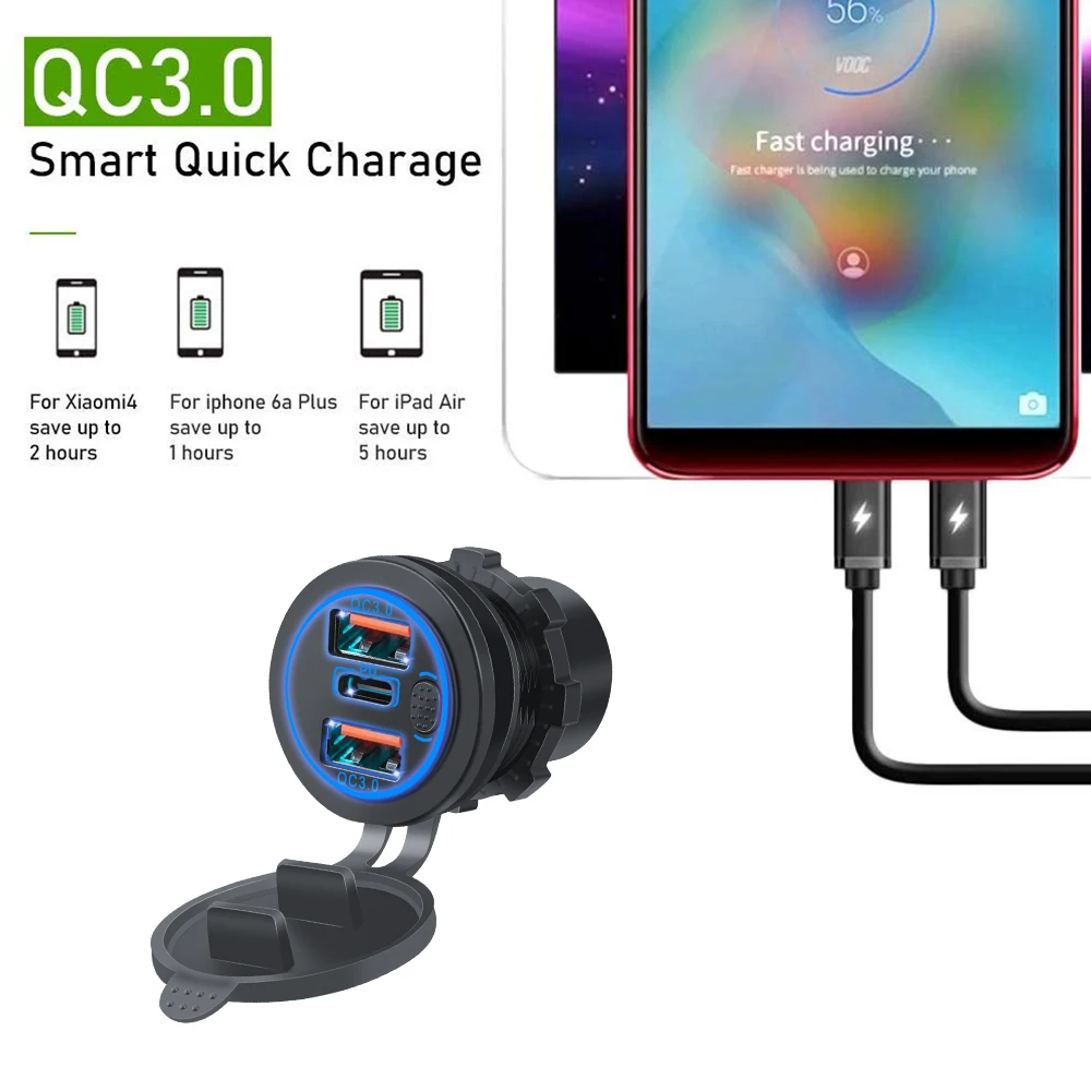 68W Dual QC 3.0 USB & PD Type-C Triple Socket 12-24V Car Charger with Touch Switch Waterproof for Car Boat Marine RV