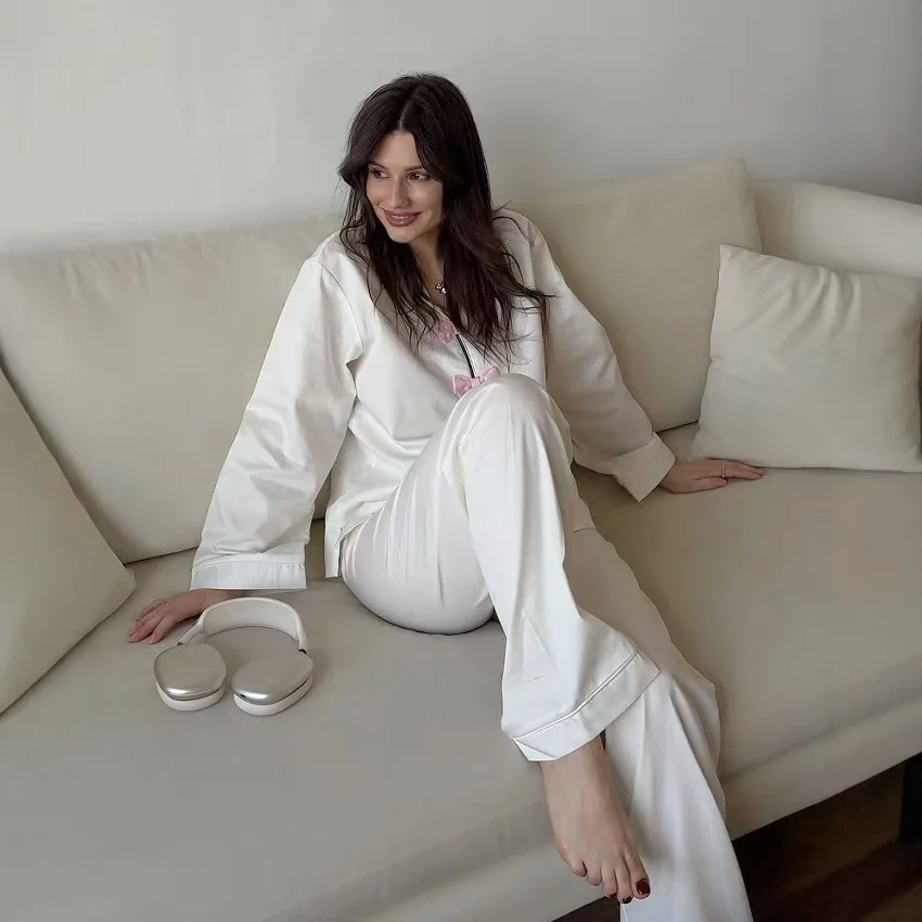  Knot Turn-down Collar  Color Long Pants Set Home Clothes Top And Pants Set Casual Loose Fit Long Sve
