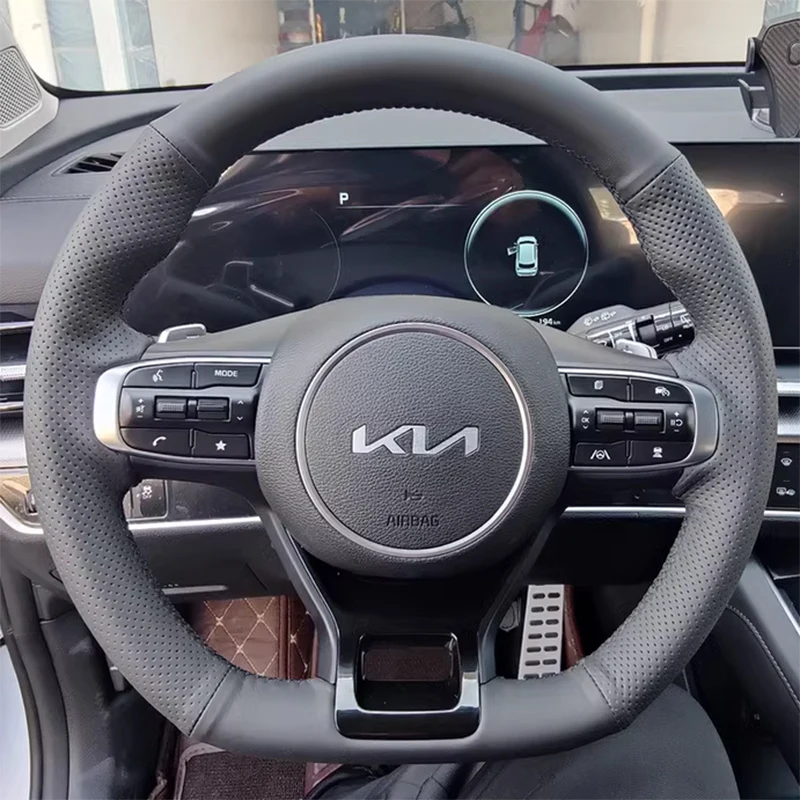 Hand Stitched grey Genuine Leather car Steering Wheel Cover 100% Fit For KIA K5 DL3 2020-2022 Sportage 5 GT-Line 2021-2023 parts