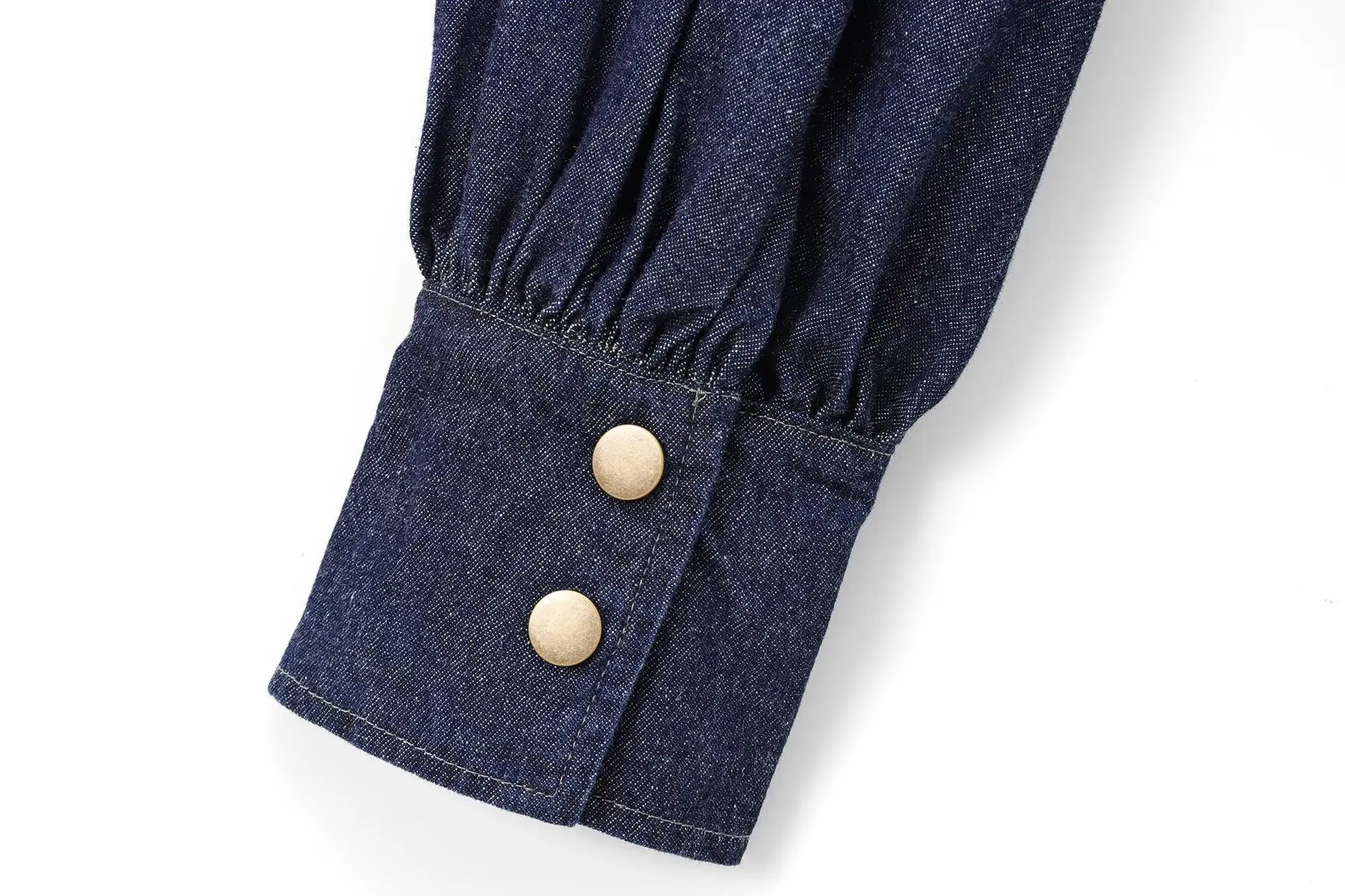 AW Urban Imitation Denim Blouse Tops Women's Blouses&Shirts New Spring Autumn Long Sleeves Puff Sleeves Tied High Neck Clot view 6