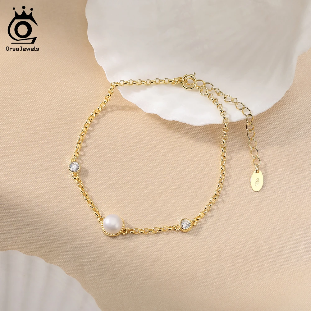 

ORSA JEWELS Dainty 925 Sterling Silver Pearl Chain Bracelet Girl Luxury Freshwater Pearl Charm Bracelet Party Jewelry Gift GPB42