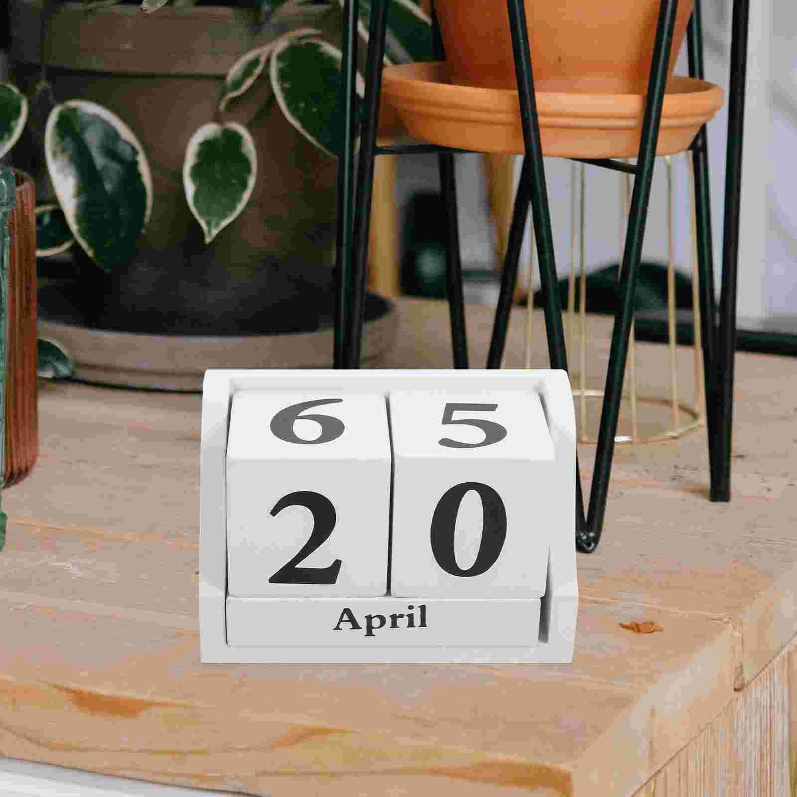 Calendar Wood Wooden Cube House Perpetual Block Craft Reusable Desk Office Household