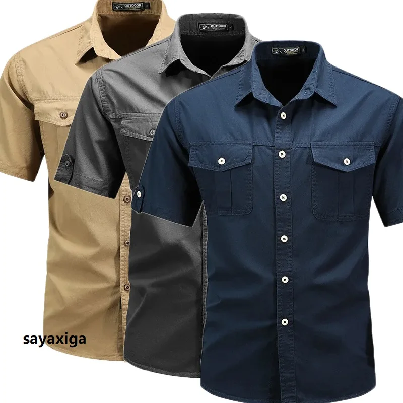 Summer cotton shirt for men single breasted turn down collar tactical shirt tops outdoor hiking trekking casual blouse shirts5XL