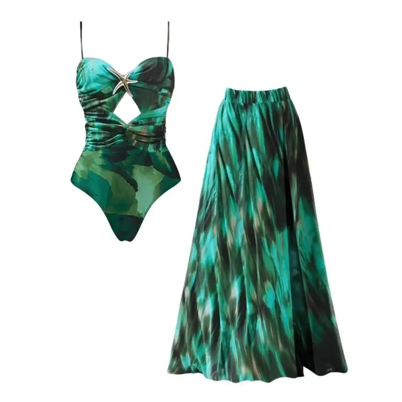 Flaxmaker Women's 2Pcs Green Tie Dye Swimsuit Set with Starfish Decor Cutout One Piece Monokini And Flowy Long Beach Cover up Sk