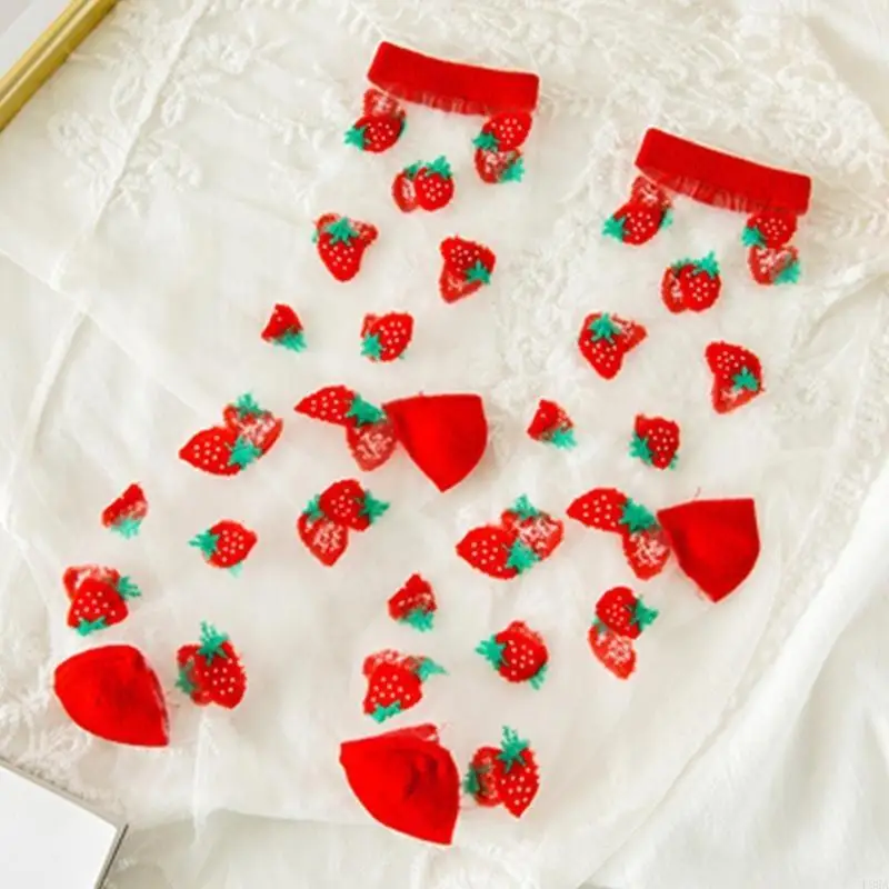 

P88A Women Summer Breathable Mesh Socks Harajuku Sweet Strawberry Fruit Print Glass Silky Transparent Hosiery