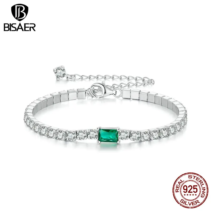 

BISAER 925 Sterling Silver Simple Emerald Green Bracelet Pavé Setting Zircon Chain Plated White Gold for Womens Fine Jewelry