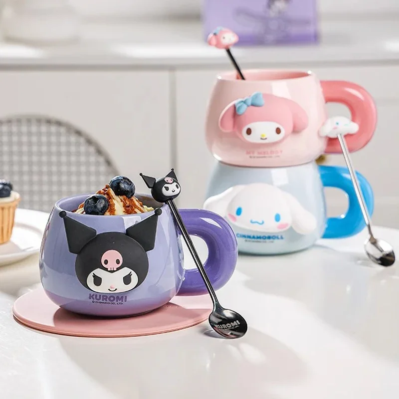 Sanrio Kawaii My Melody Ceramic Mug Kuromi Cinnamoroll Anime Cartoon Exquisite Companion Office Drinking Water Cups with Spoon