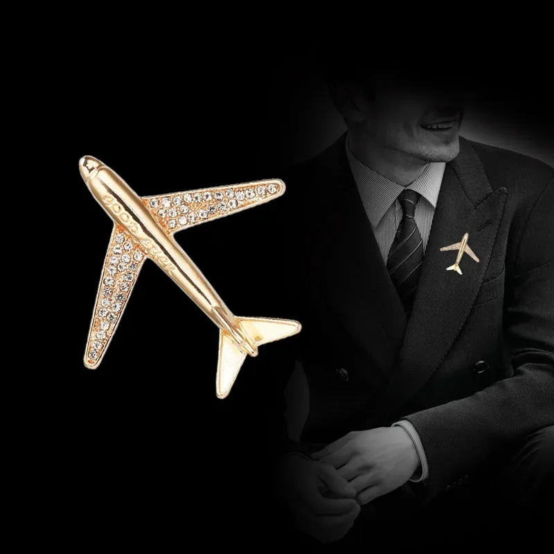 Exquisite Zircon Carved Letter Airplane Brooch Men's Clothing Pin Casual Business Suit Accessories