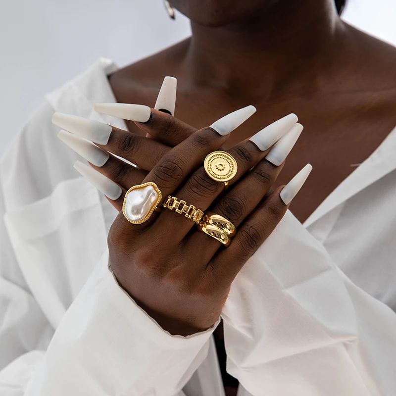 Docona Exaggerate Imitation pearl geometry Rings for Women Vintage Gold Color Adjustable Finger Ring Jewelry Accessories