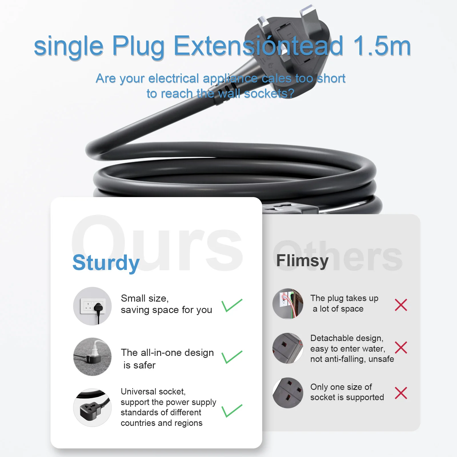 1pc UK Single Extension Lead 39/71/118/197/276/394/591/787 inch Cord Travel Power Cable 13 Amp Outdoor Plug Socket Black