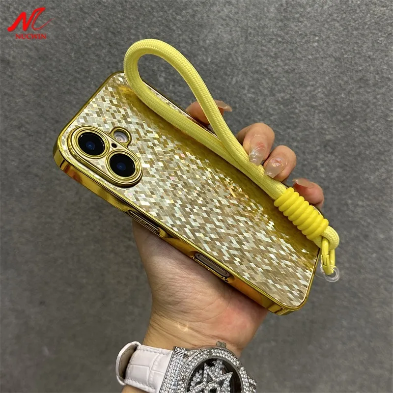 Luxury Glitter Bling Rhombus Plating Case for iPhone 16 15 11 12 13 14 Pro Max 16 15 14 Plus PC Shockproof Cover with Lanyard