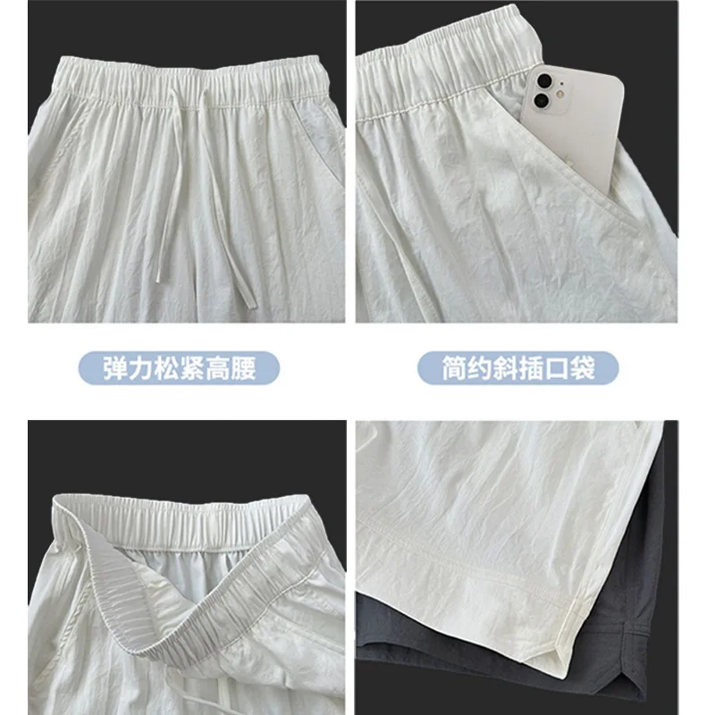 Gray Ice Silk Shorts for Women in Spring and Summer 2025 New Style for Wear American Casual Sports Quick-drying Pants