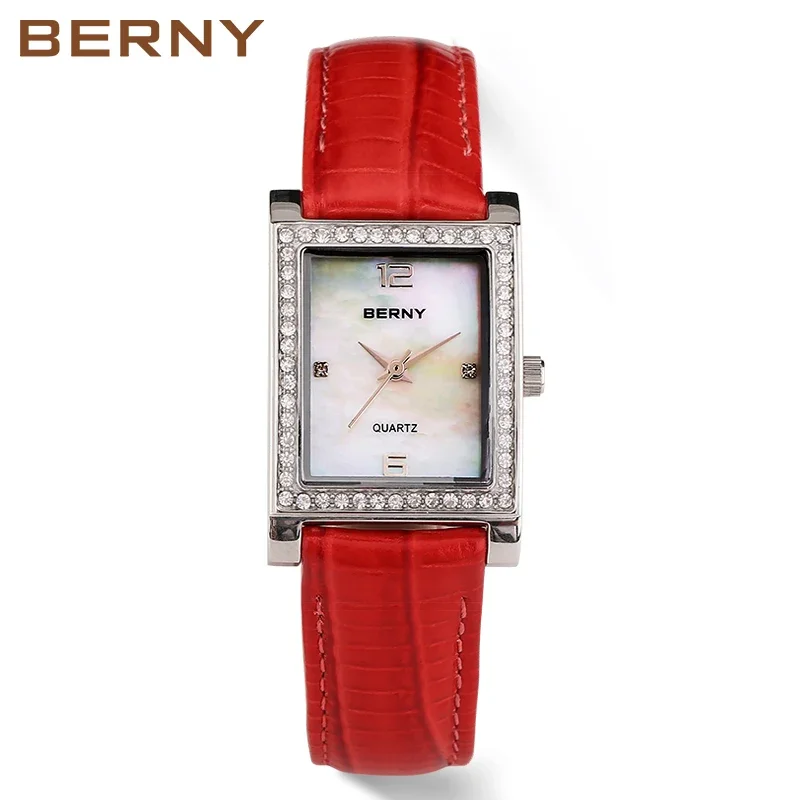 BERNY Luxury Quartz Women Watch Rectangle Stainless Steel Brand Fashion Leather Waterproof Dress Watches Female Clock Wristwatch