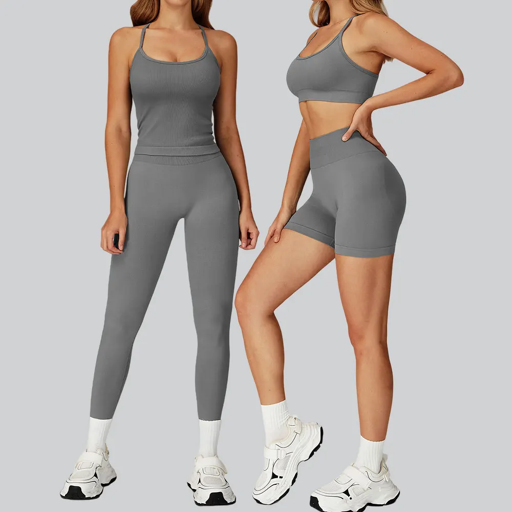 

Бесшовные спортивные комплекты из 2 предметов: топ для фитнеса и йоги, юбка-шорты с высокой талией, женский цветной спортивный костюм для тренировок и зала
