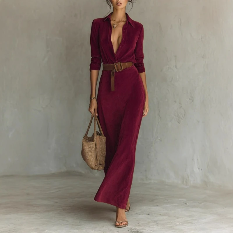 ملابس نسائية على الطراز الأوروبي الأمريكي القديم للخريف من جلد الغزال الخصر فستان طويل عصري أنيق مع حزام