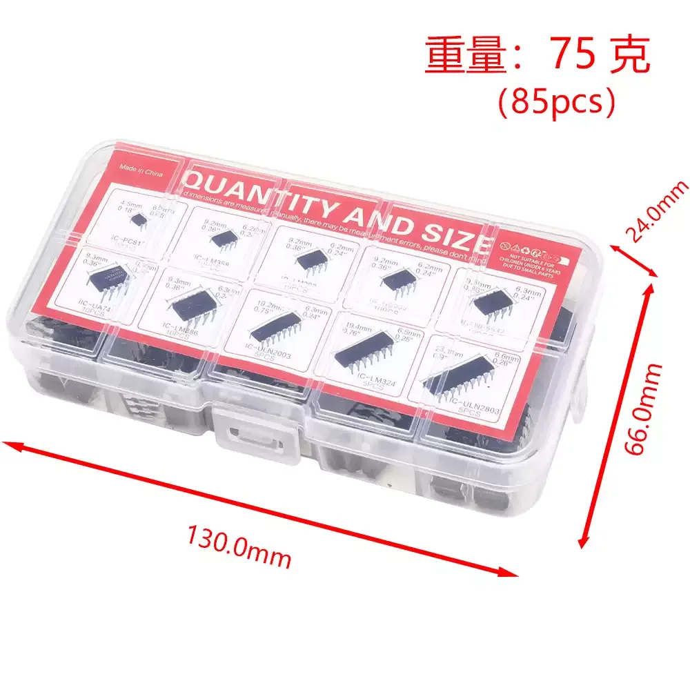 85PCS IC Chip Assortment Kit 10 Types NE555 LM324 DIP Integrated Circuit Precision Timer Electronic Components for DIY Repair