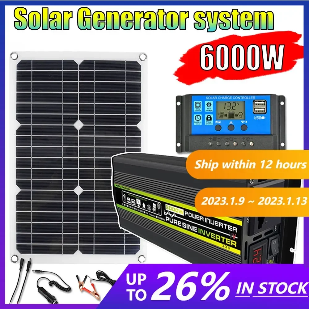 Solar Power Generation System 3000-8000W Pure Sine Wave Solar 12V 220V Car Power Inverter 20W 18V Solar Panel 30A Controller Kit