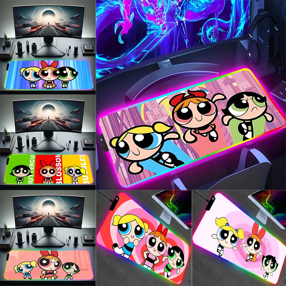 RGB Pc Gamer Keyboard Mouse Pad Mousepad Cute Powerpuffs Girlss LED Glowing Mouse Mats Rubber Gaming Computer Mausepad