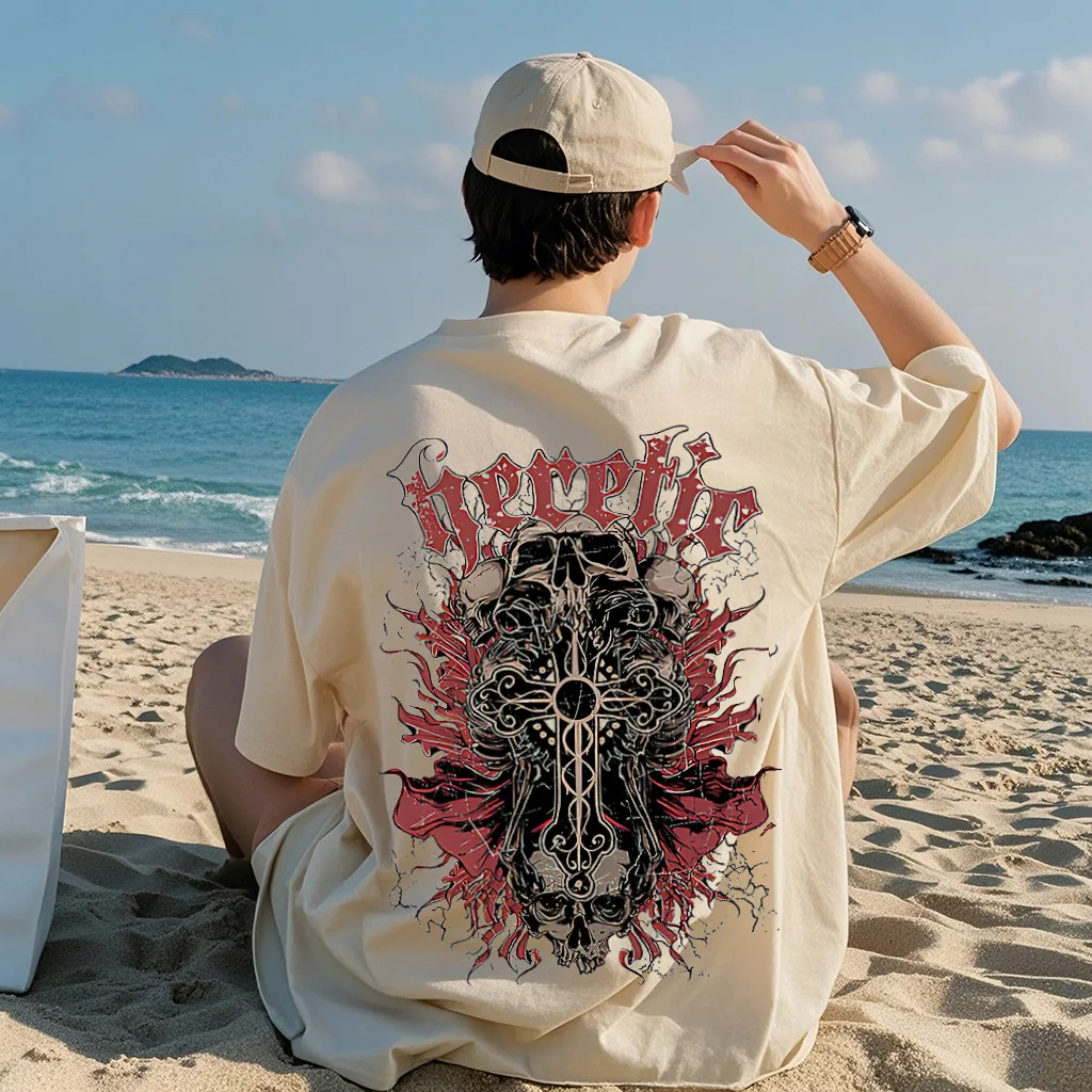 ホラースカルヴィンテージオールドTシャツダブルプリントヒップホップ半袖TシャツフロントバックカジュアルストリートプラスサイズTシャツユニセックス