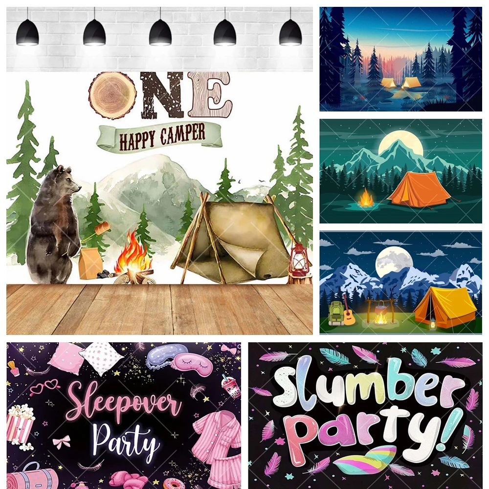 Outdoor Camping Party Campfire Pillow Pajamas Tent Kid Aldult Gifts Party Room Banner Backdrop Custom Kid Decor Photo Background