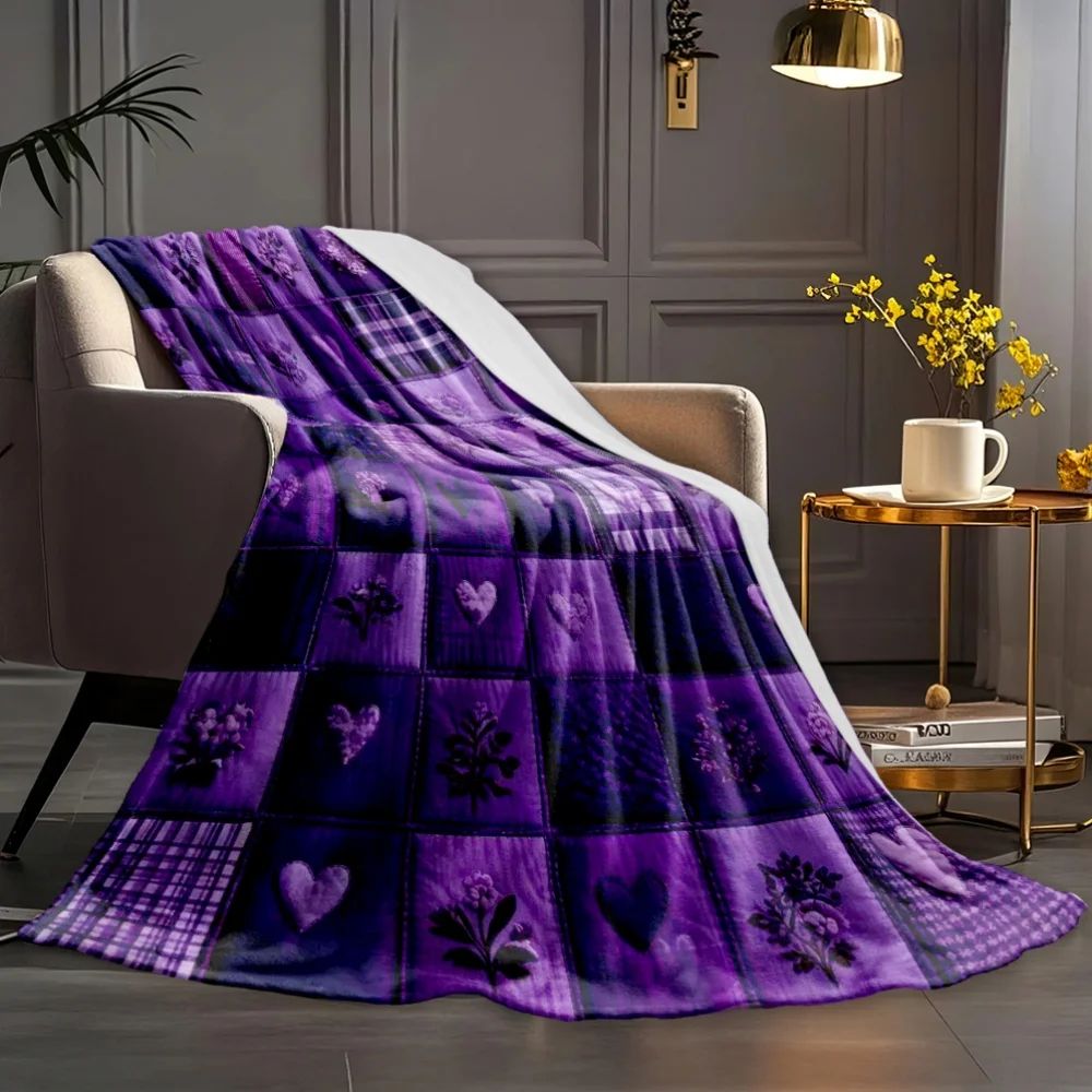 A Purple Plaid Heart-quilted Patchwork Throw Blanket, a Soft and Warm Printed Blanket, Ideal as a Holiday Gift for Classmates, F