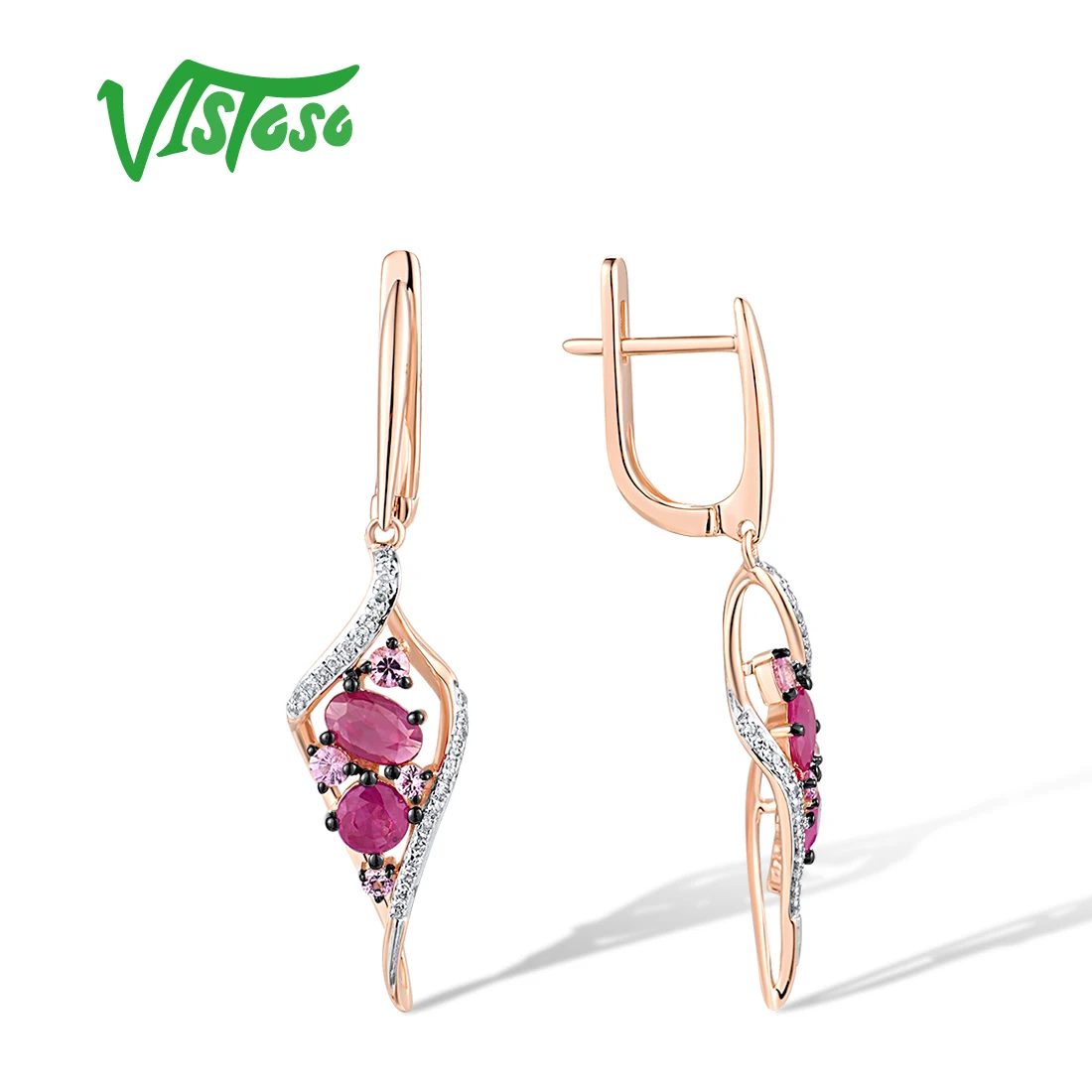 VISTOSO 14K 585 Pure Rose Gold Earrings For Women Sparkling Diamond Glamorous Ruby Delicate Wedding Anniversary Fine Jewelry