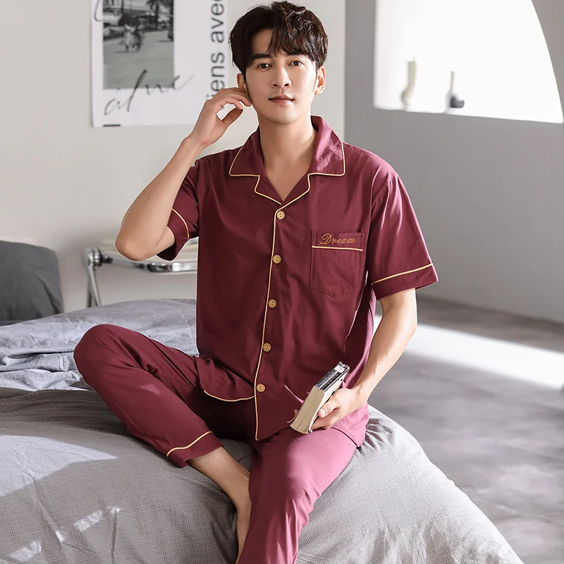 Casual Men Pajamas Sets 2pcs Cotton Short-sleeved Long Pants Pajamas Set Home Suit Summer Styles Big Yards Mens Sleepwear XXXL