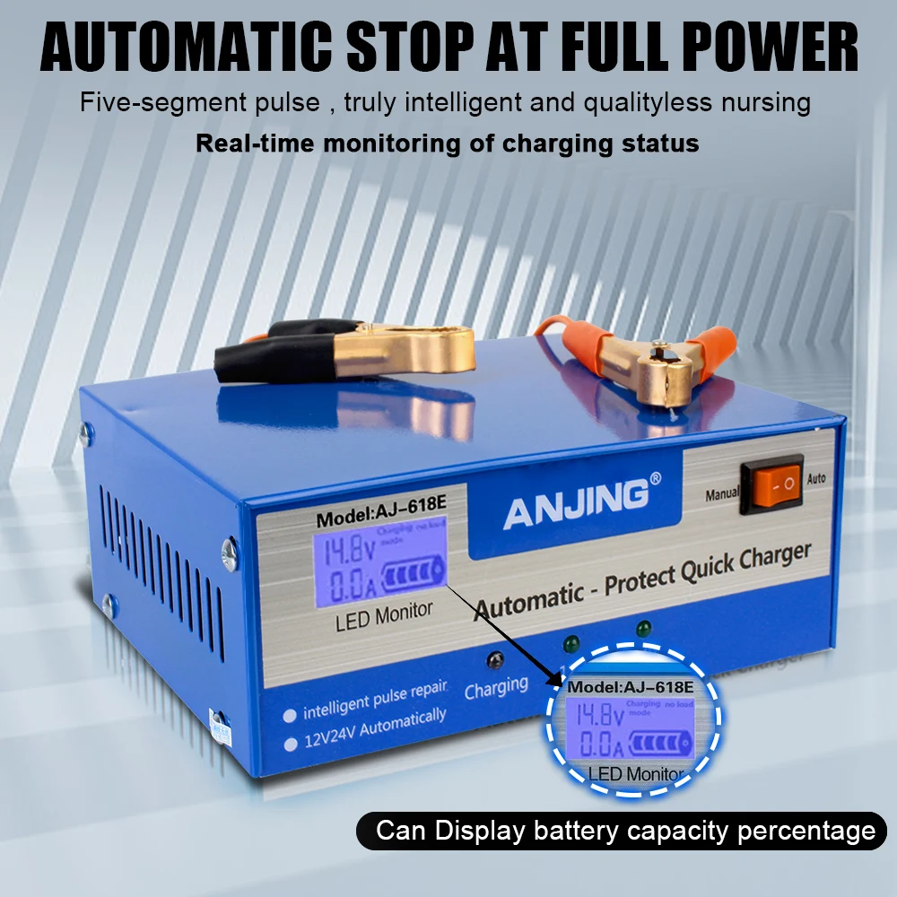 EU US Plug Vehicles Battery Charger Automatic Smart Pulse Repair 110V-250V 200AH 12V 24V Lead Acid Battery Truck Car Accessories