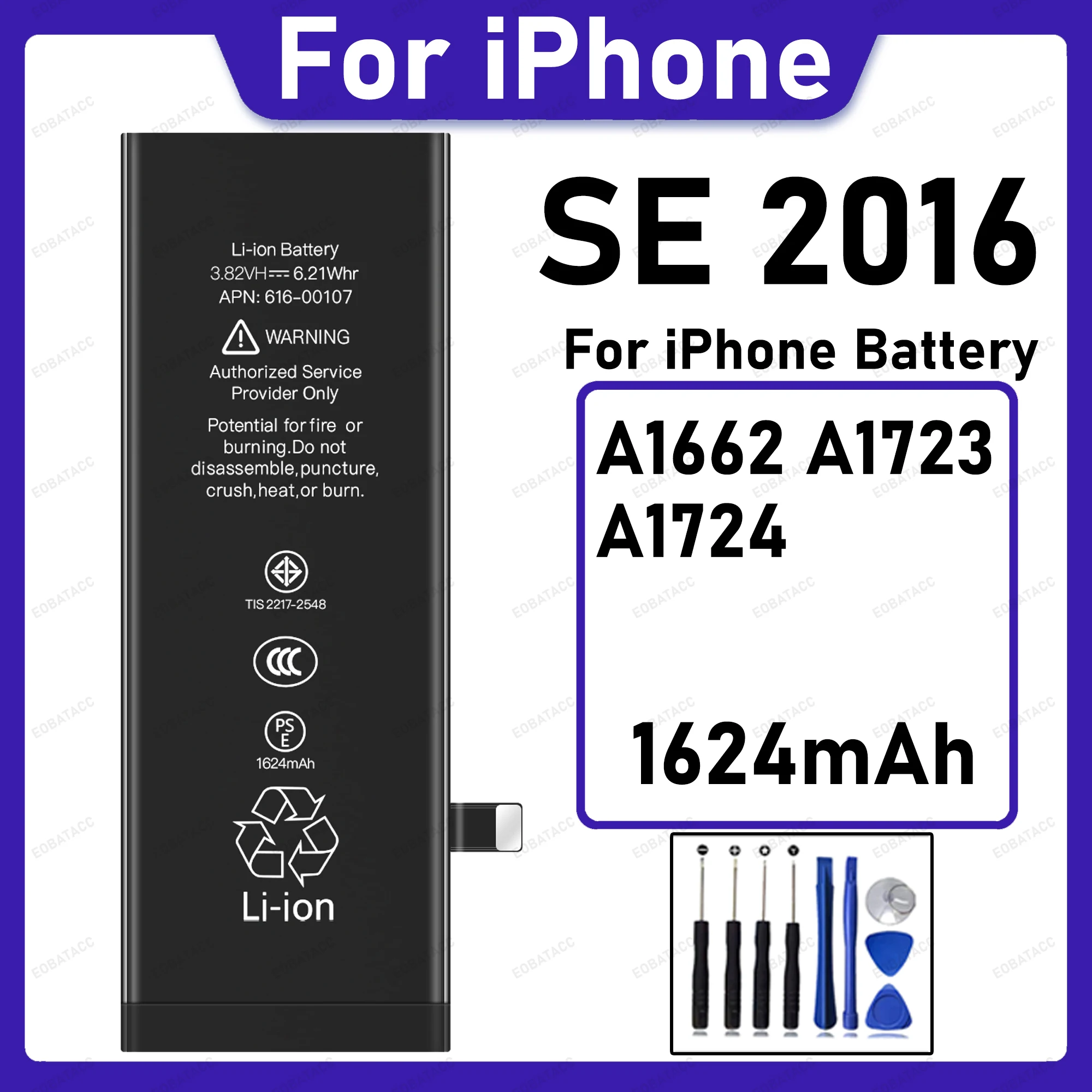 Аккумулятор повышенной емкости для iPhone SE 2016, 1624 мАч, A1662, A1723, A1724, безопасный, стабильный, с длительным временем работы в режиме ожидания + бесплатные инструменты.