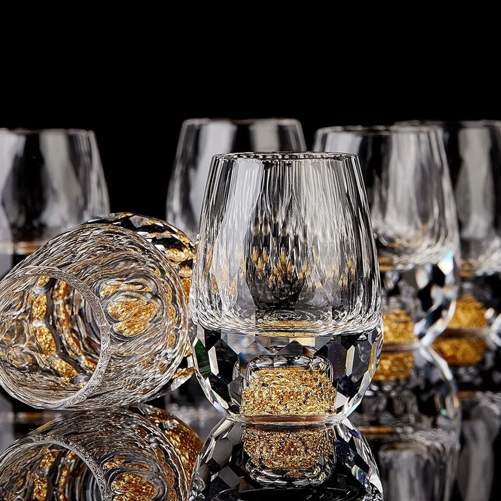 مجموعة 15 مكونة من زجاج النبيذ الكريستالي من رقائق الذهب 1/2/6 قطع، زجاج ويسكي فاخر خالٍ من مادة BPA مناسب لجمع الديكور والاحتفال