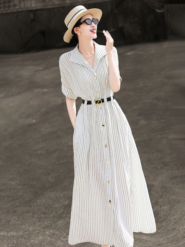 MEXCOCO 2026Summer new stylish commuter single-breasted waist-cinching striped shirt dress