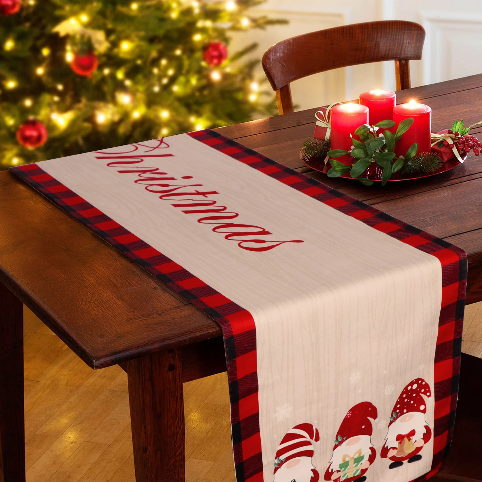 OurWarm Christmas Table Runner Reversible Burlap Cotton Red Truck Gnomes Xmas Farmhouse Dining Holiday Birthday Party Home Decor