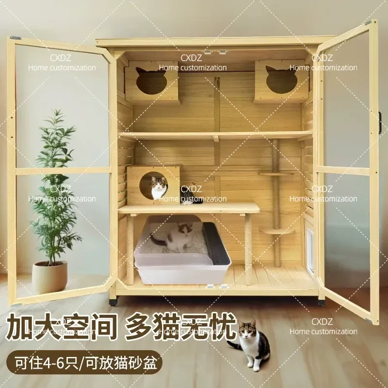 Solid Wood Cat Villa Luxury Large Waterproof Moisture Proof Indoor Outdoor Cat House Cage Nest Pet Home Furniture