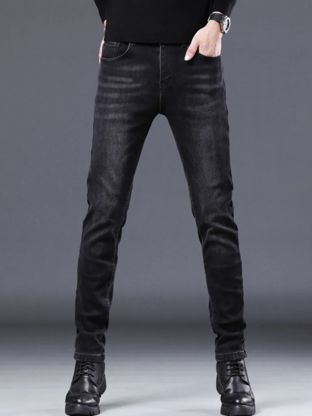 

High-End Men's Fce-Lined Thiened Bla Jeans Autumn Winter Slim Fit Korean Sle Casual Long Pants Wear Resistant