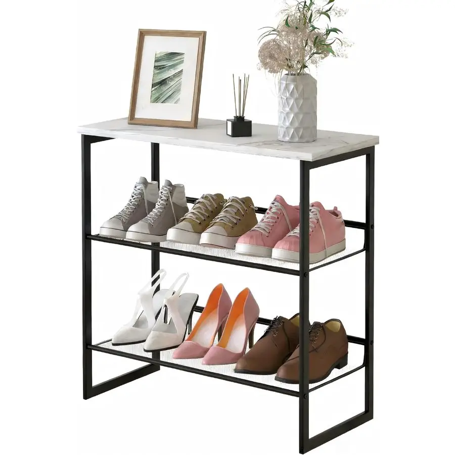 

3 Tiers White Marble Shoe Rack,Freestanding Organizer MultiPurpose Adjustable Flat and Slant Storage Rack Shoe Shelf, High Heels