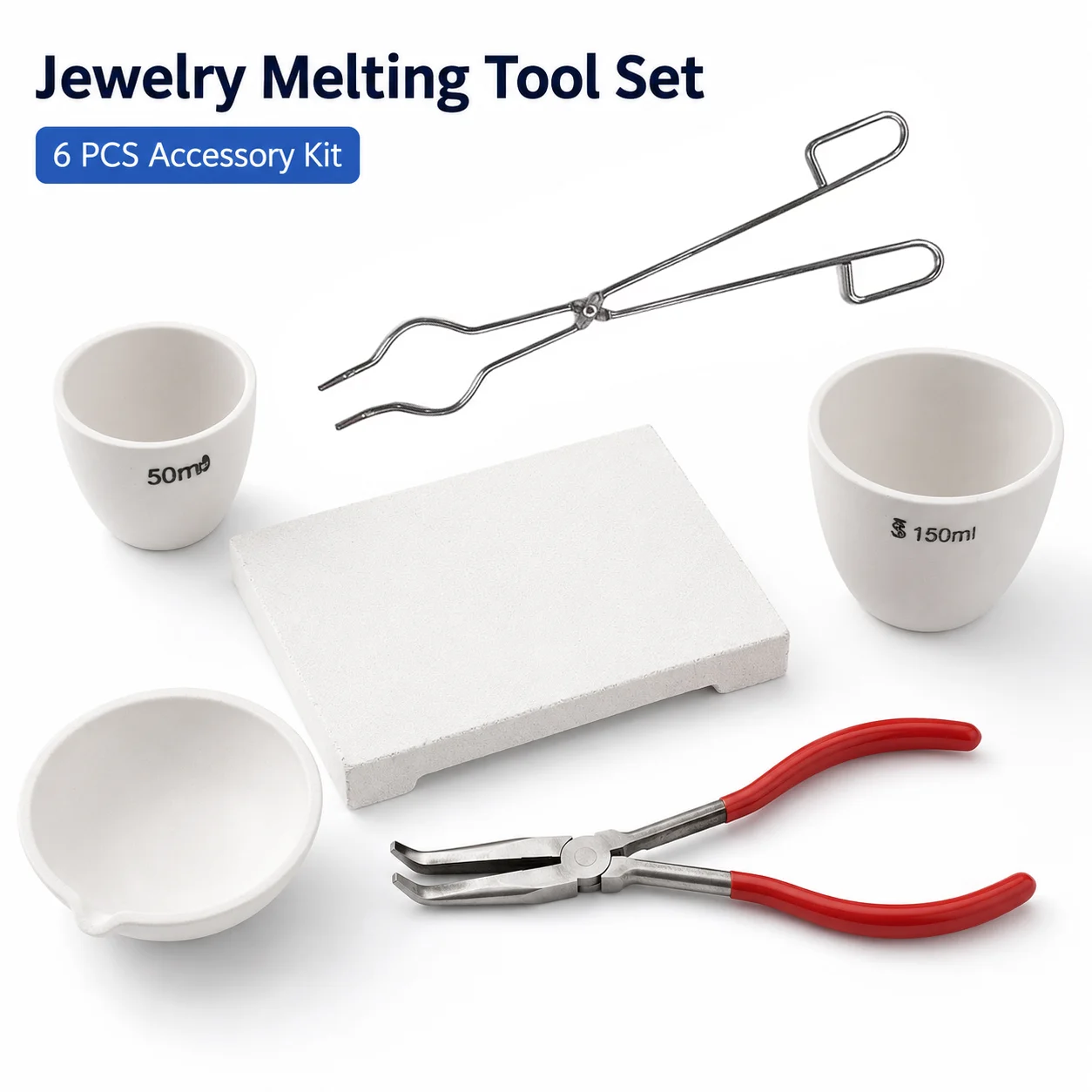 6PCS Jewelry Melting Accessory Kit 50ml 150ml Crucibles Tongs Pouring Dish Soldering Board Bent Tip Pliers for Gold Silver Casting