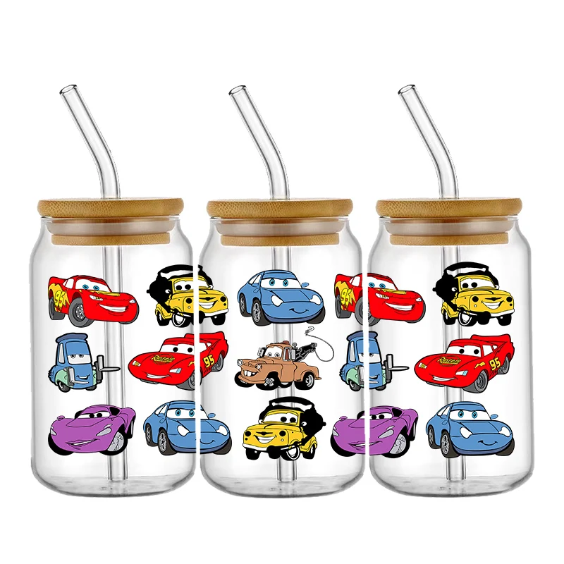 Disney Cartoon Autos Muster UV DTF Transfer Aufkleber Wasserdichte Transfers Aufkleber für 16oz Glas Tasse Wrap Aufkleber