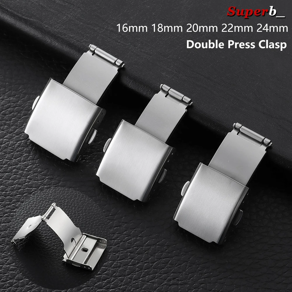 16mm 18mm 20mm 22mm 24mm Watch Buckle Double Press Folding Turtle Back Buckle Stainless Steel Clasp Silver Watchband Button