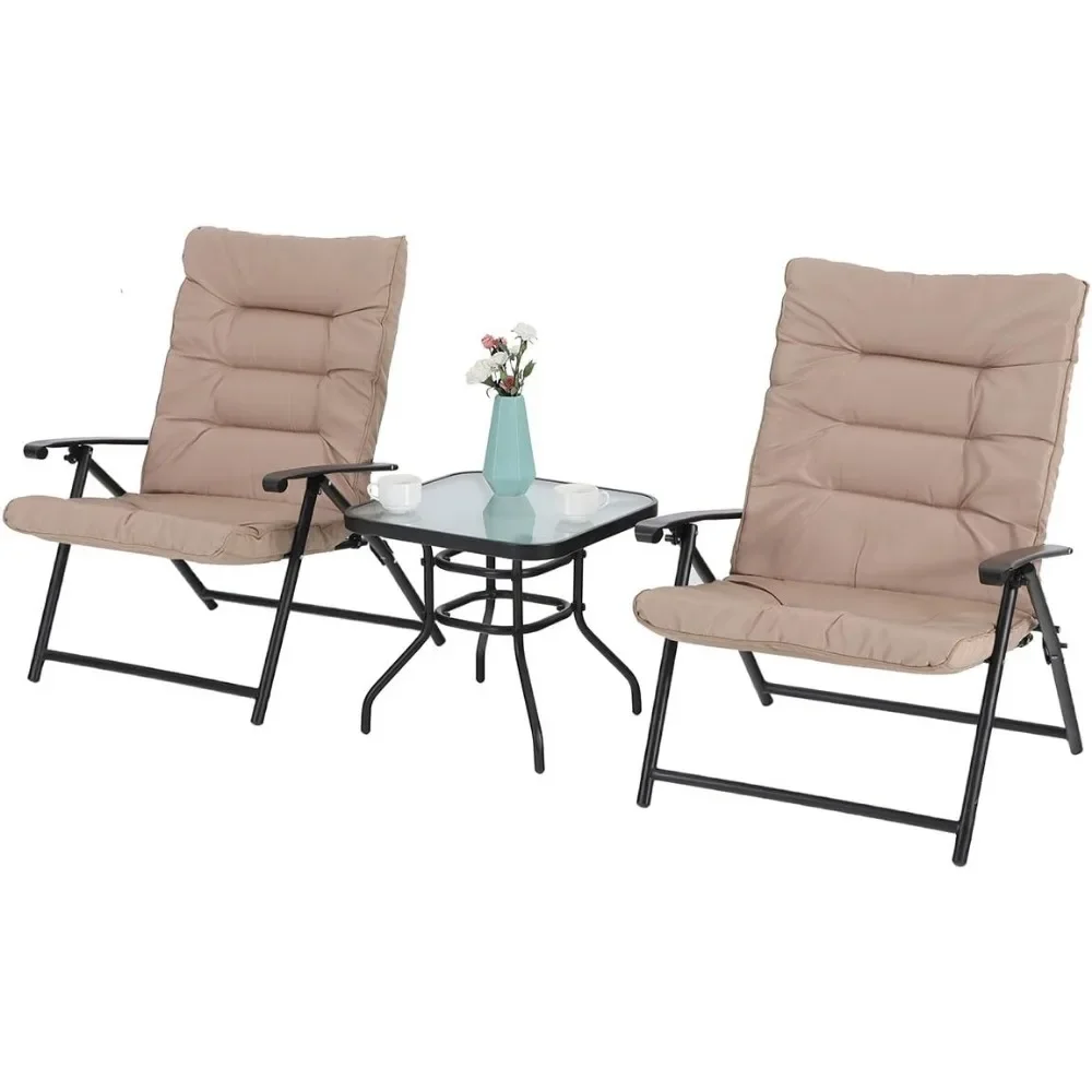 

Patio Bistro Set Outdoor Furniture Folding Chairs Set with Cushions, Reclining Chairs & Glass Coffee Table